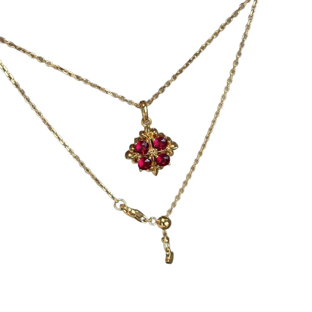 High end light luxury retro inlay diamond red gemstone necklace women's palace style flower collar chain pendant wedding jewelry