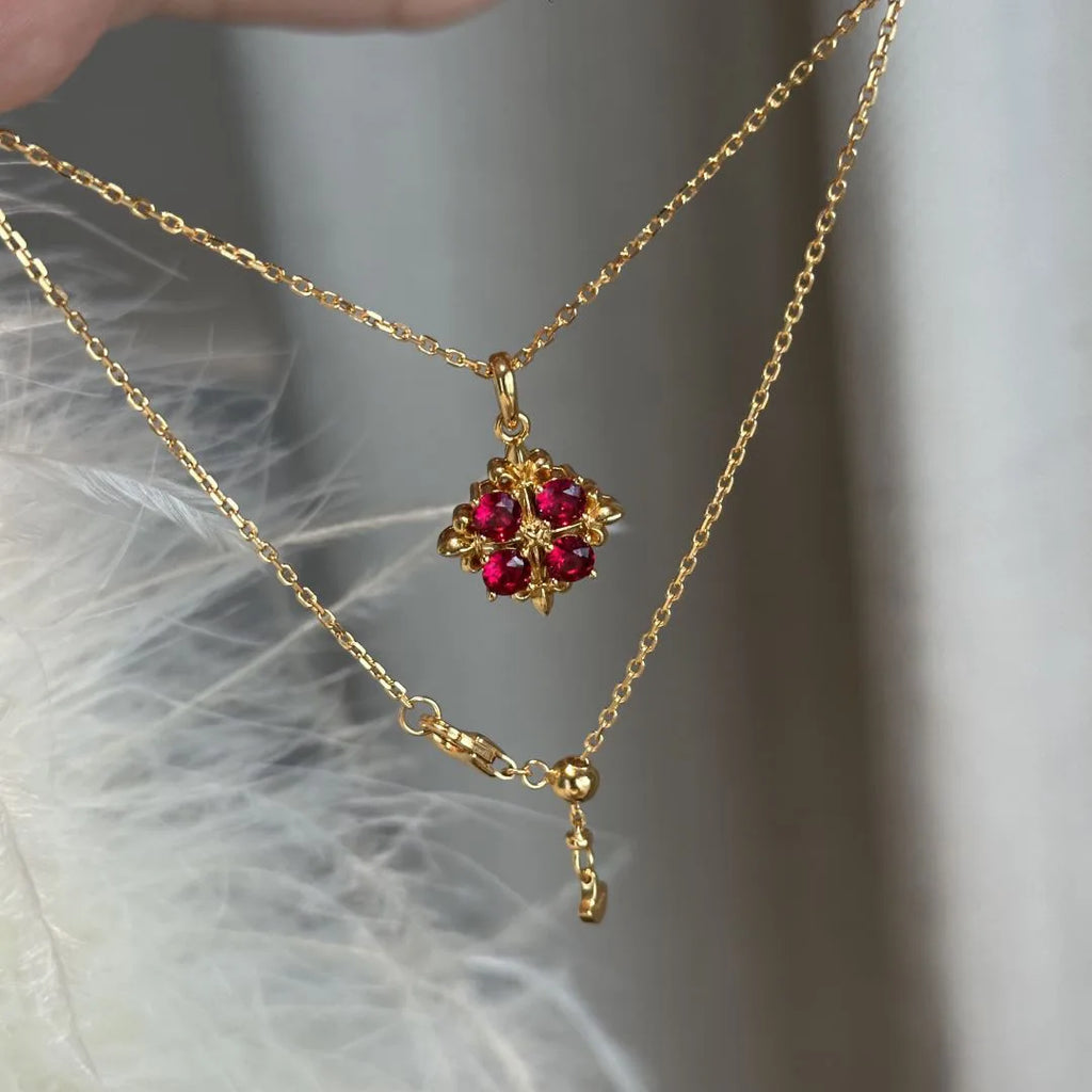 High end light luxury retro inlay diamond red gemstone necklace women's palace style flower collar chain pendant wedding jewelry