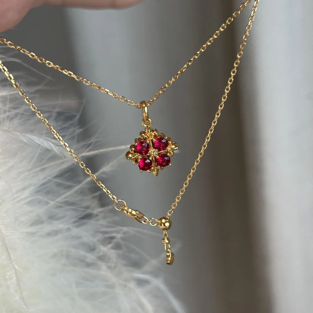 High end light luxury retro inlay diamond red gemstone necklace women's palace style flower collar chain pendant wedding jewelry