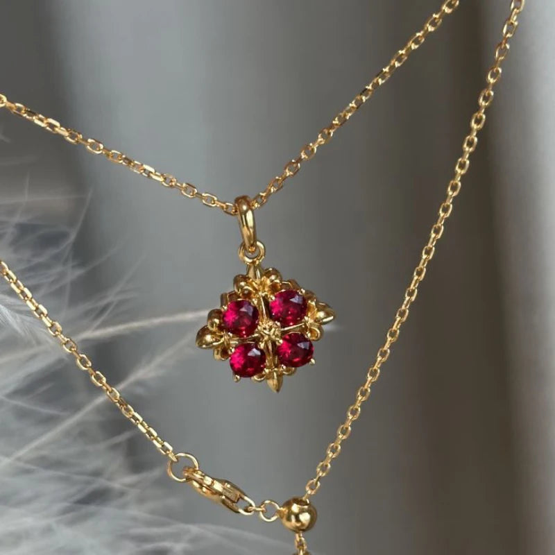 High end light luxury retro inlay diamond red gemstone necklace women's palace style flower collar chain pendant wedding jewelry