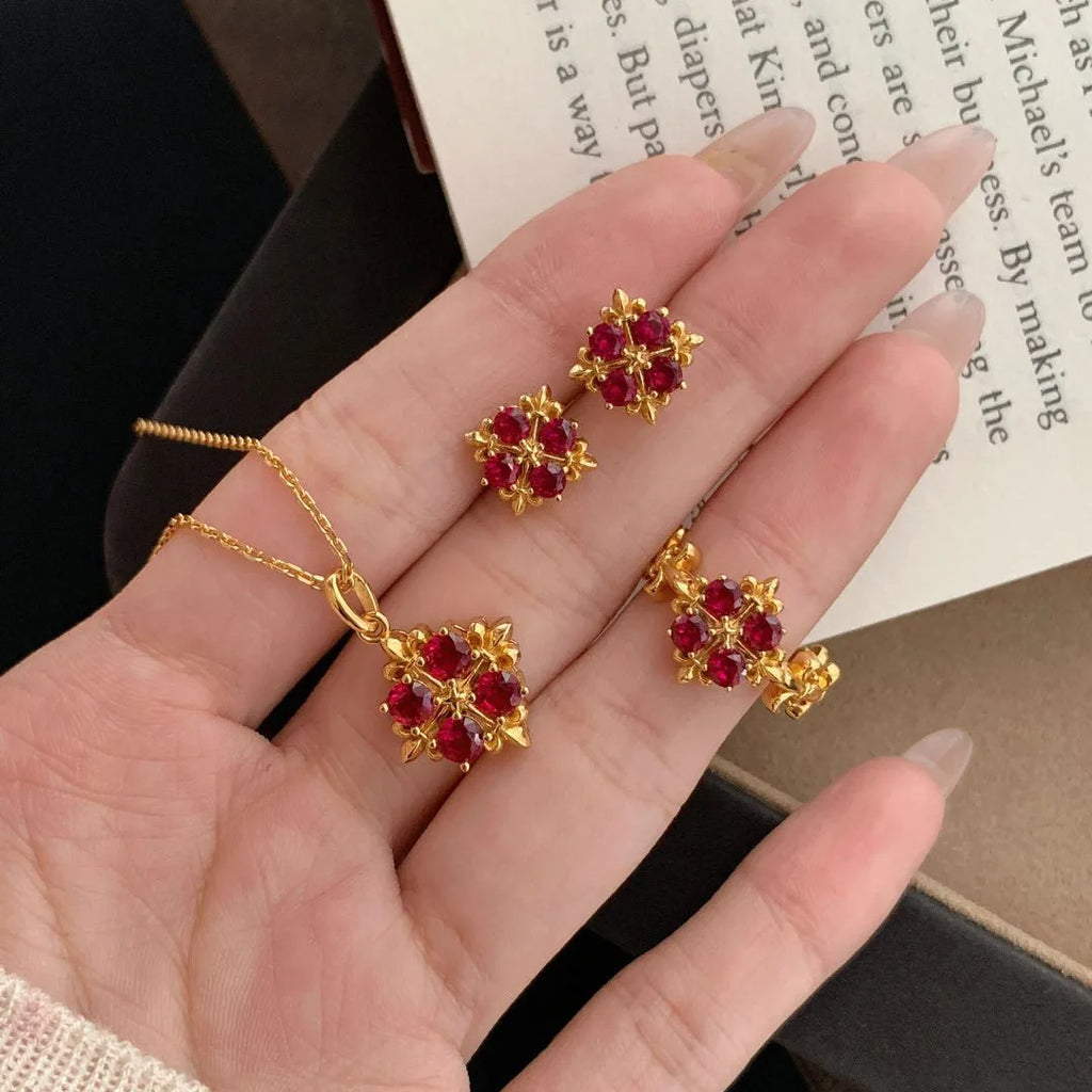 High end light luxury retro inlay diamond red gemstone necklace women's palace style flower collar chain pendant wedding jewelry