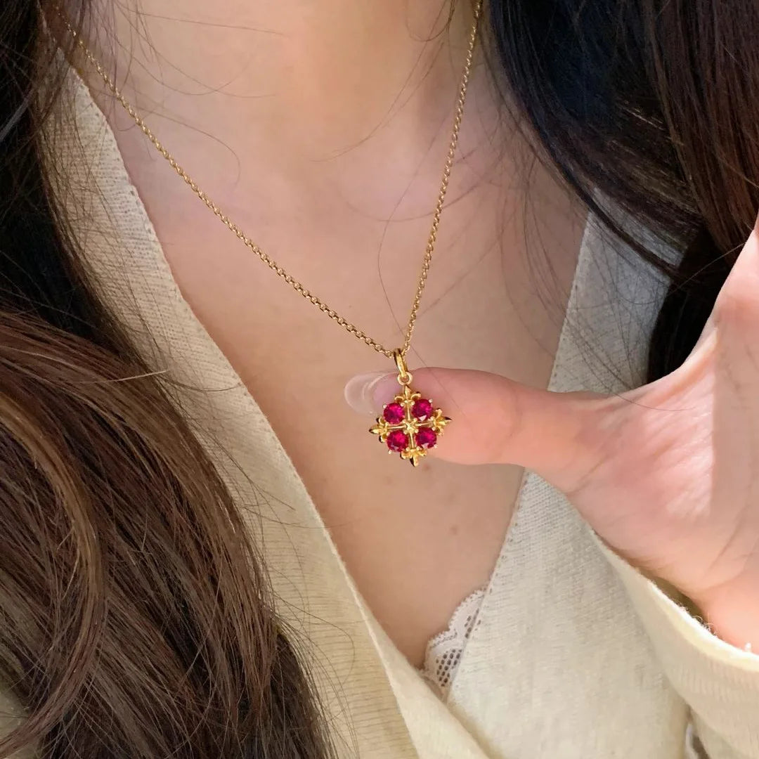 High end light luxury retro inlay diamond red gemstone necklace women's palace style flower collar chain pendant wedding jewelry